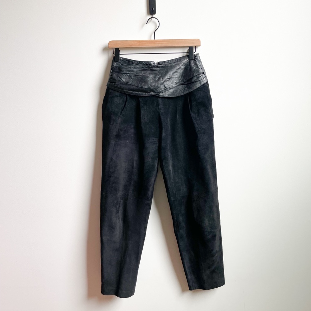Vintage black suede pant with black leather waist detail